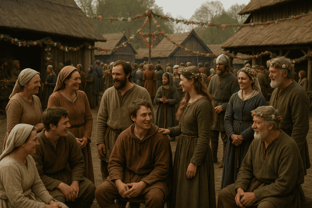 medieval-village-life_Villagers gathering to celebrate