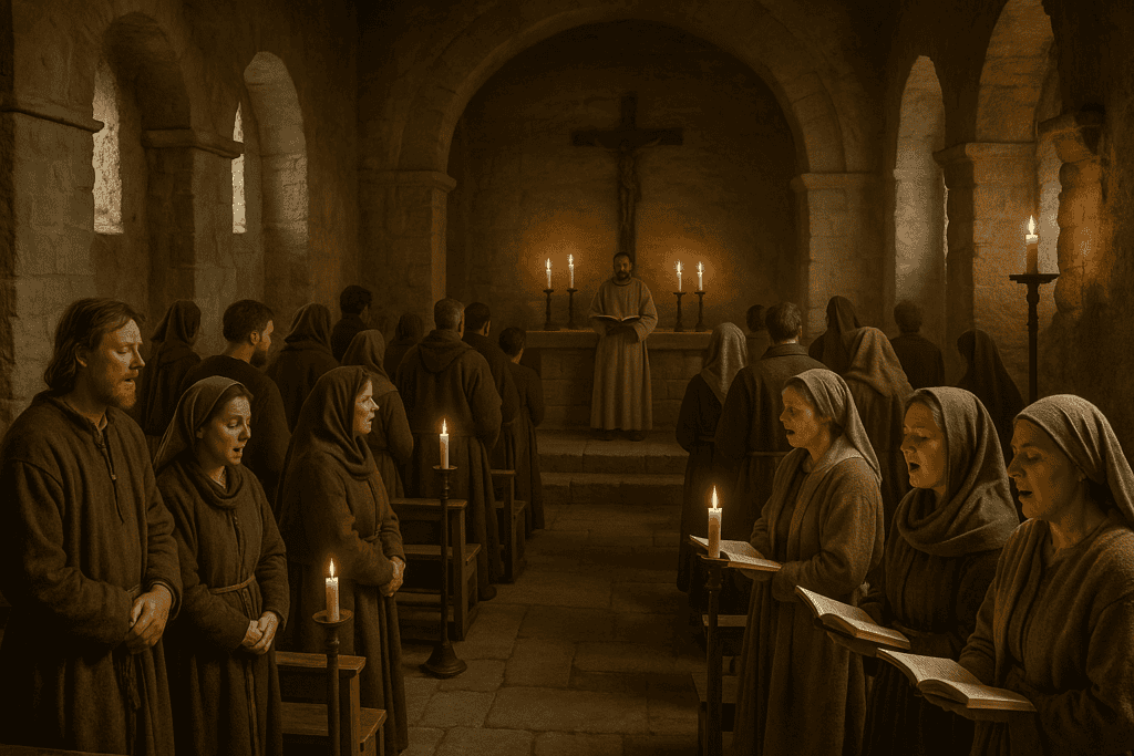 medieval-village-life_village church service